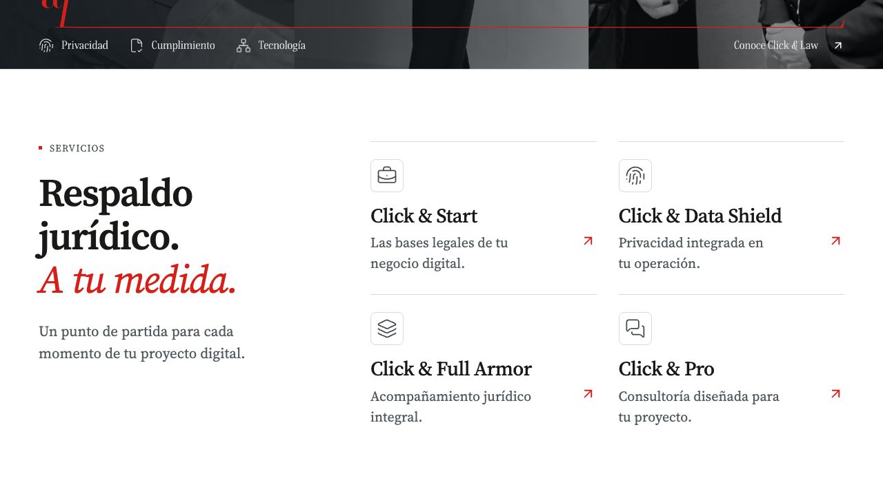 Sección de servicios con Click & Start, Click & Data Shield, Click & Full Armor y Click & Pro.