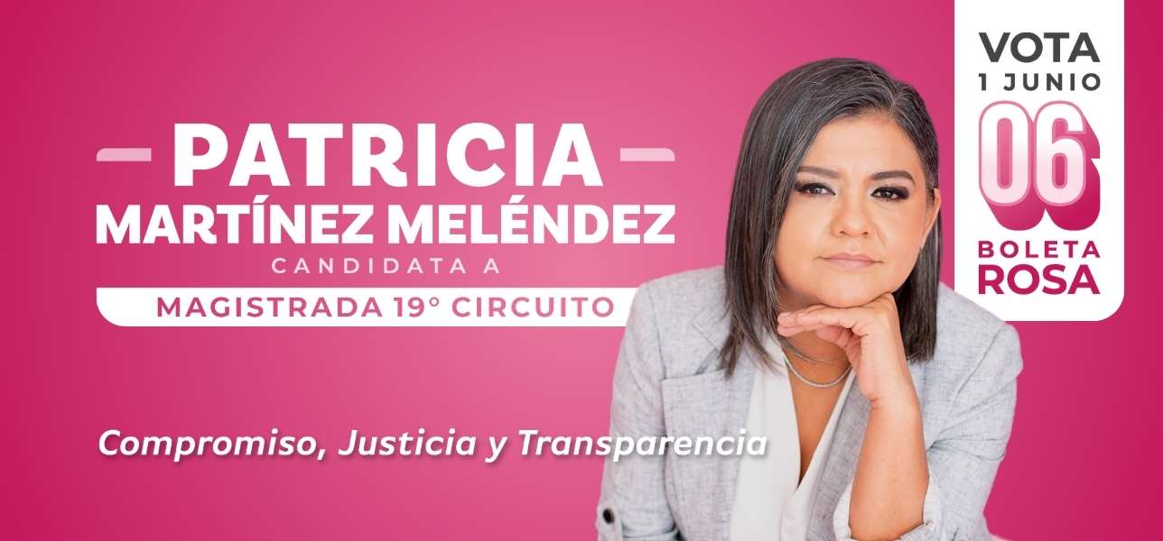 Composición magenta de campaña con retrato y marca de Patricia Martínez Meléndez.