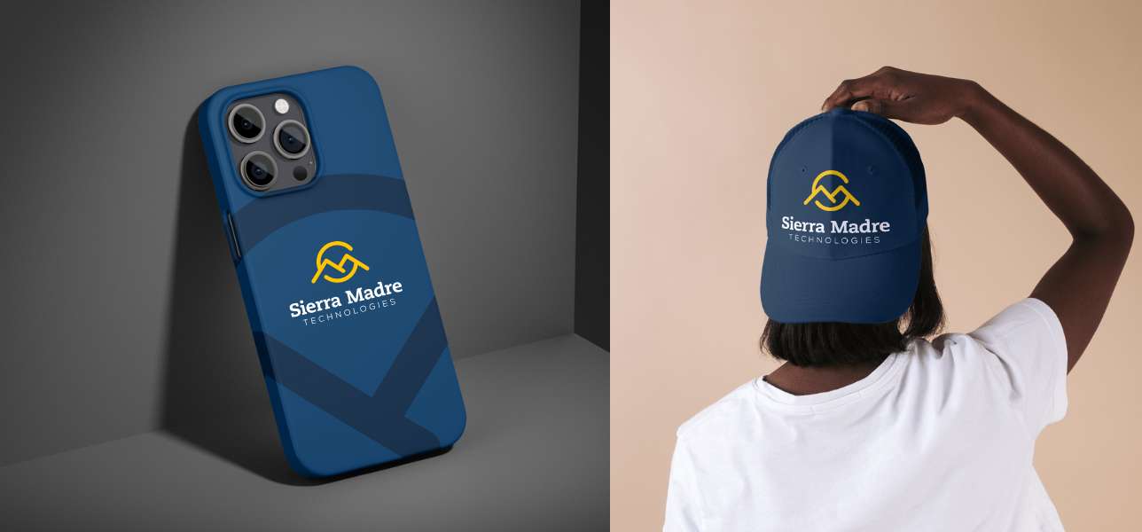 Visualizaciones de la marca Sierra Madre Technologies en una funda de teléfono y una gorra azul.