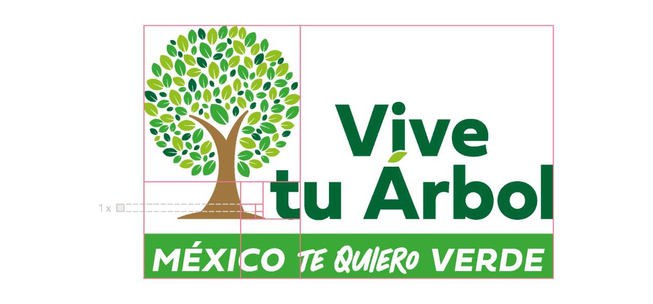Construcción del logotipo Vive tu Árbol con líneas guía sobre el árbol, nombre y eslogan.