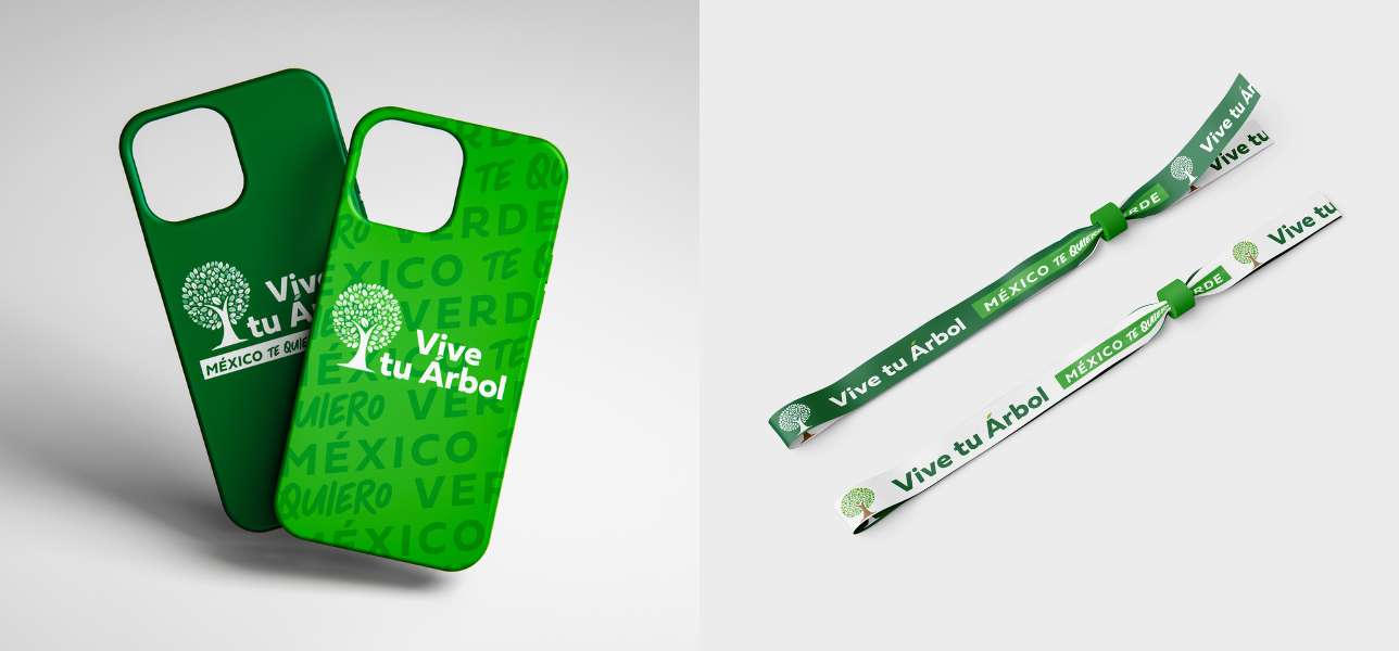 Visualizaciones de la identidad Vive tu Árbol en fundas para teléfono y pulseras.