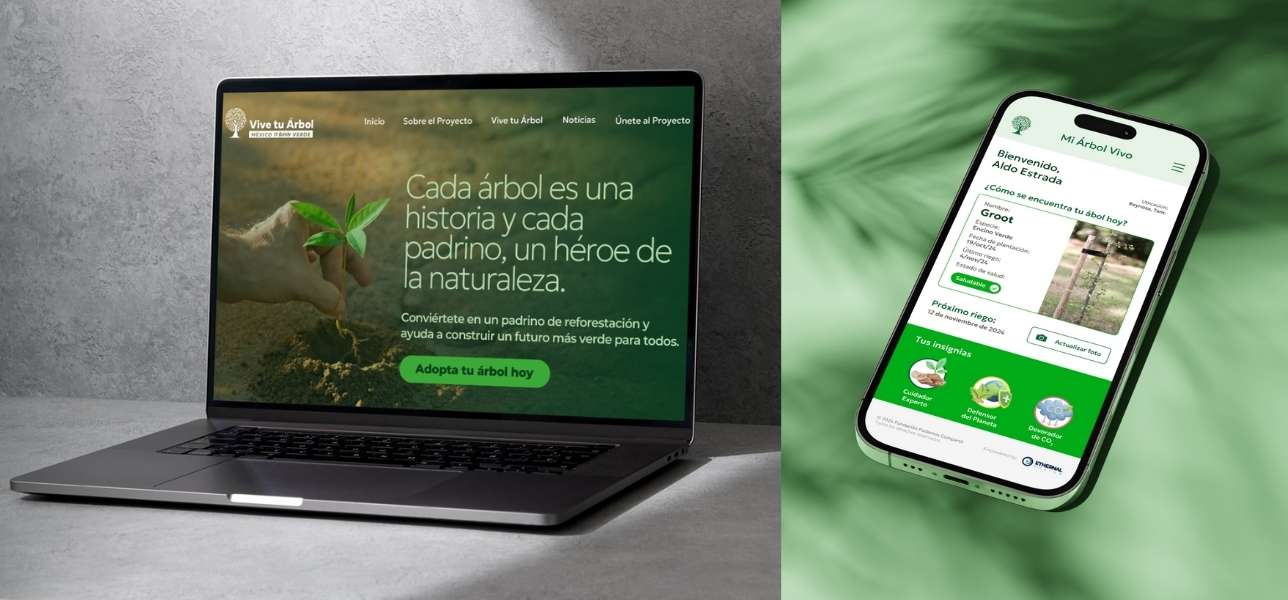 Visualización del sitio Vive tu Árbol en computadora y de una pantalla del sistema en teléfono.